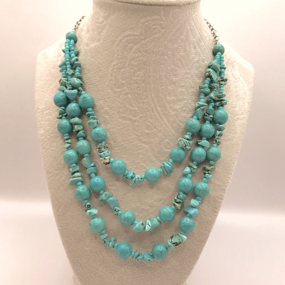 Faux Turquoise Triple Layer Beaded Necklace